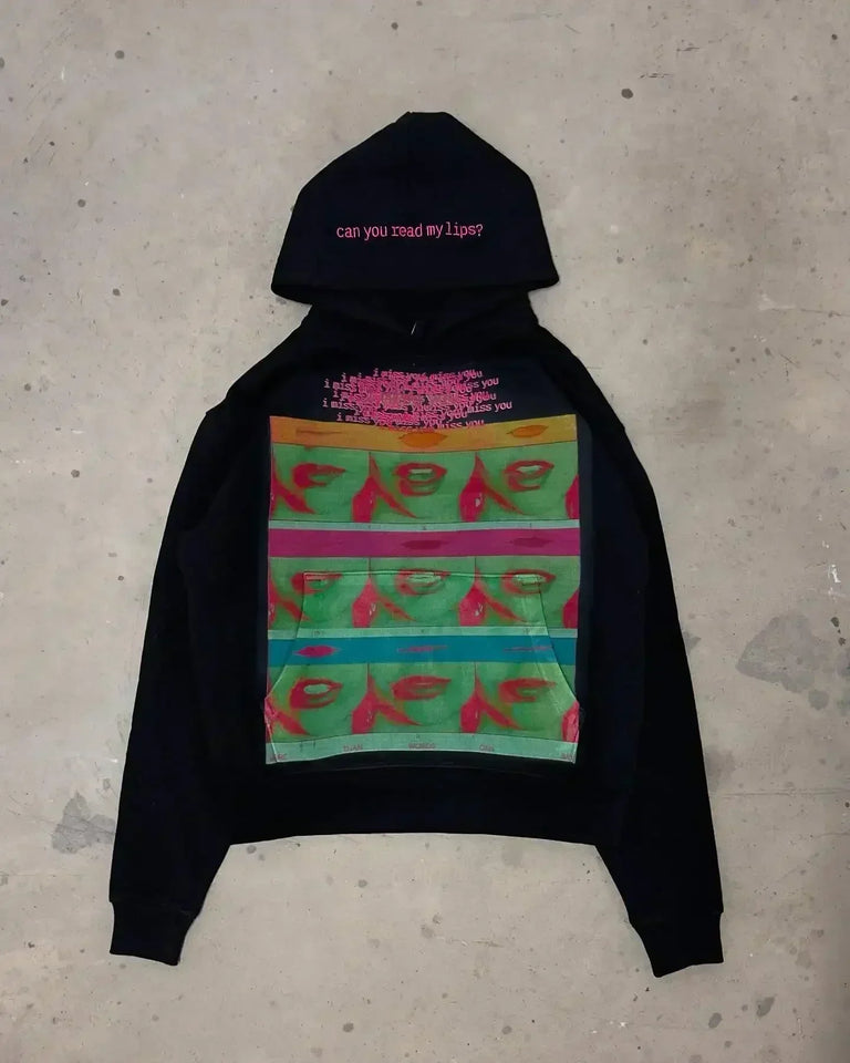 Mens Black Hooded Sweatshirt Green Head Character Graphic Red Text Print American Style Unique Creative Loose Fit Trendy Casual