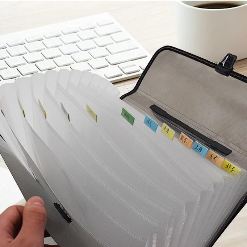 1PC Premium Black 5-Compartment Folder with Handle, Durable PP Desk Organizer with Color-Coded Labels for Office & Home Use