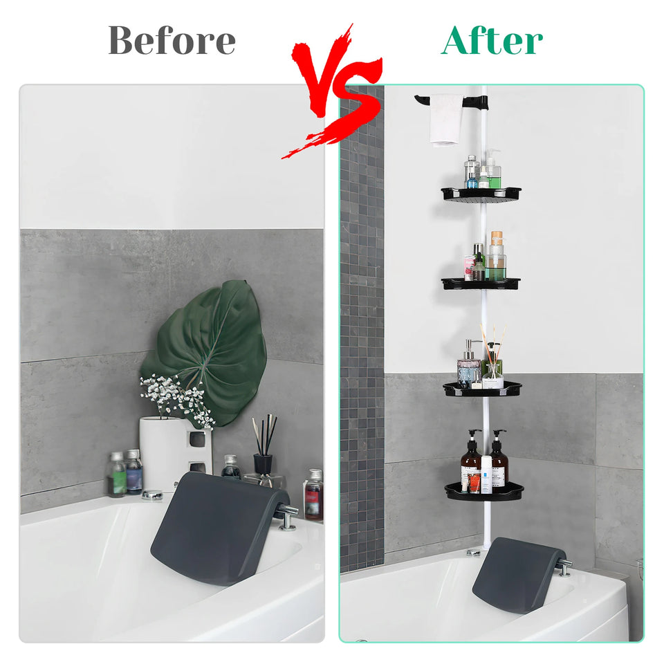 Corner Shower Caddy with Tension Pole 4-Tier Adjustable Shelves Bathroom Storage Organizer with Rubber Pad,101.6 - 122 Inch H