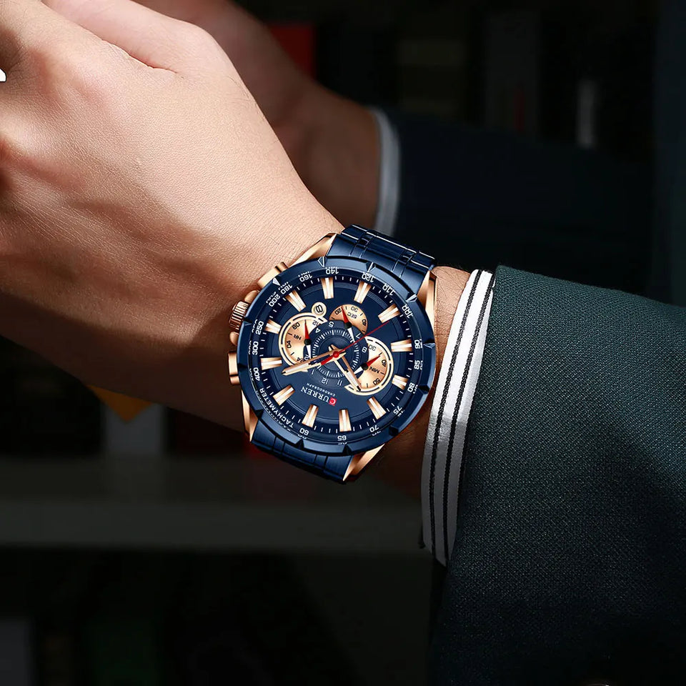 CURREN 8363 Casual Sport Chronograph Men's Watches Stainless Steel Band Wristwatch Big Dial Quartz Clock with Luminous Pointers