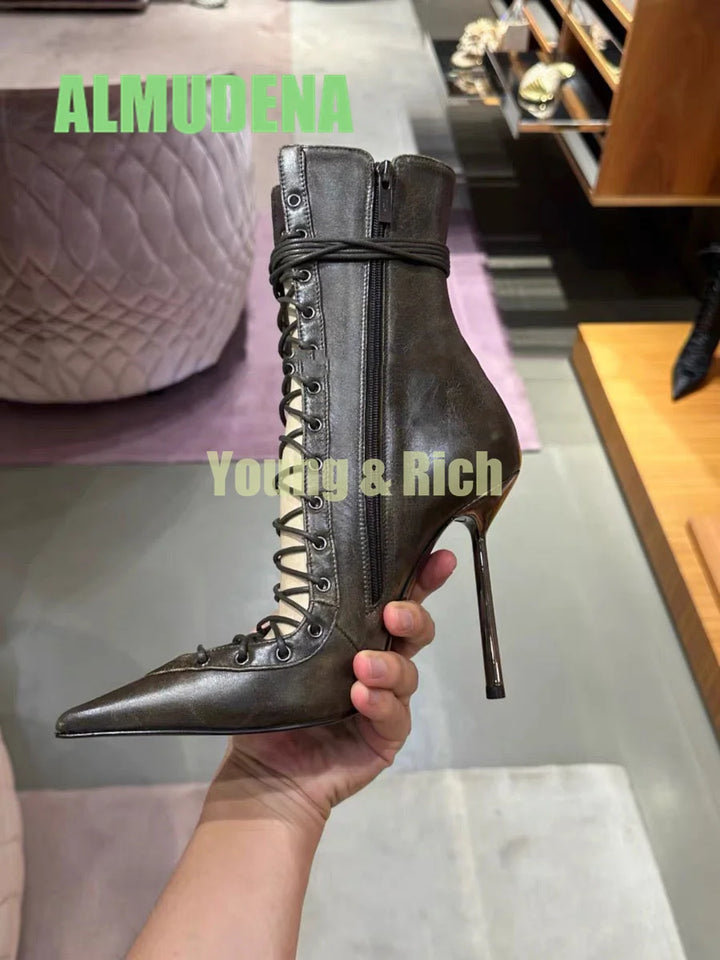 Hollow Out Cross Tie Fashion Pointed Sexy Mesh Leopard Print Perspective High-Heeled Women's Motorcycle Style Short Boots