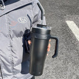 1pc Stainless Steel Ice Tumbler 38.55oz Insulated Cup with Handle & Straw Keeps Cold for 24 Hrs Car Insulation Cup Coffee Water