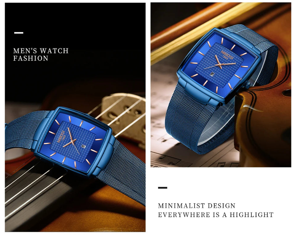 NIBOSI Mens Watches Top Brand Luxury Square Quartz Watch Men Slim Mesh Waterproof Sport Wristwatch Date Luminous Reloj Hombre