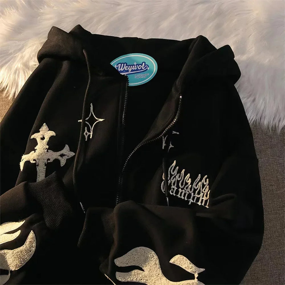 American Retro Little Devil Embroidered Zipper Hoodie Women Y2K Street Fashion Trend Joker Sweatshirt Couple Casual Loose Hoodie