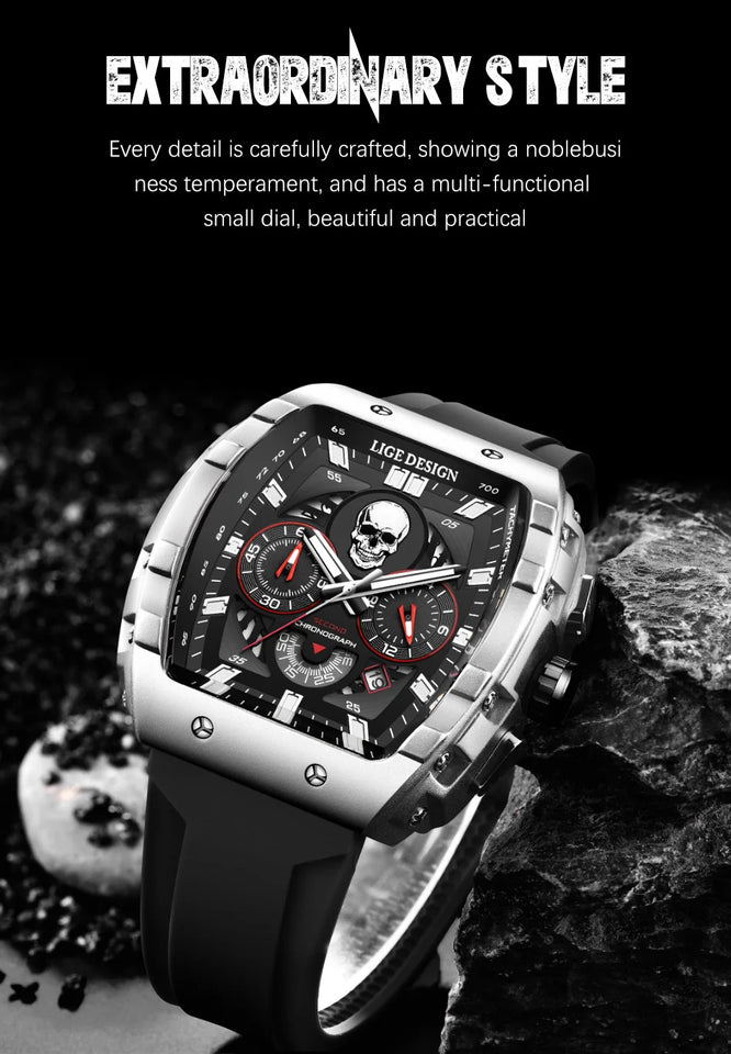 LIGE Brand Mens Watch Skeleton Skull Dial Sports Military Watches Men Fashion Luxury Waterproof Quartz Watch Chronograph Relogio