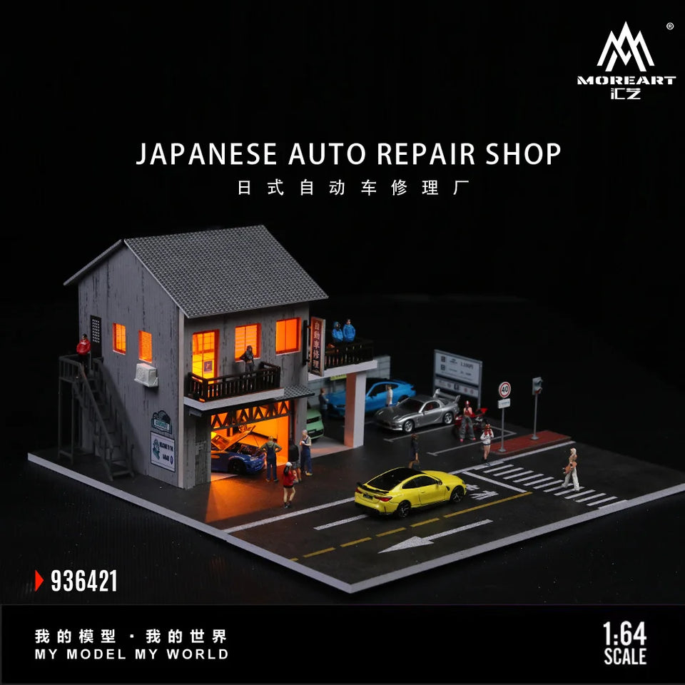 Diorama 1/64 Car Parking Lot with LED Lighting Japanese Commercial Building Model Scene Garage Display Model US