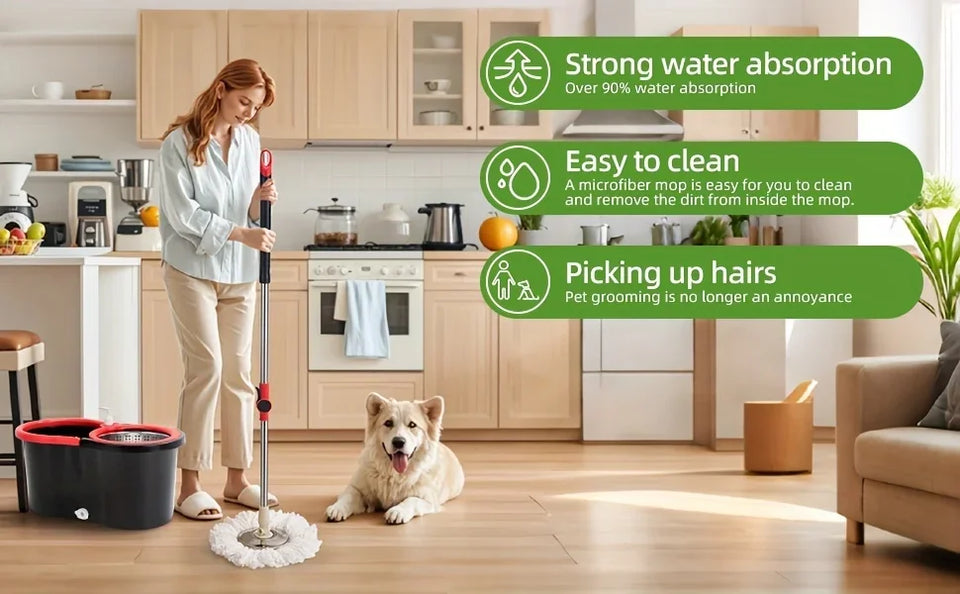 Heavy Duty Spin Mop and Bucket Set 360° Rotating Floor Cleaner with 3 Microfiber Mop Heads Adjustable Handle