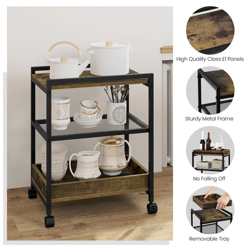 WOLTU 1PC Side Table 3-Tier Coffee Table Rolling Storage Cart with Removable Top Small End Table for Sofa Living Room Storage
