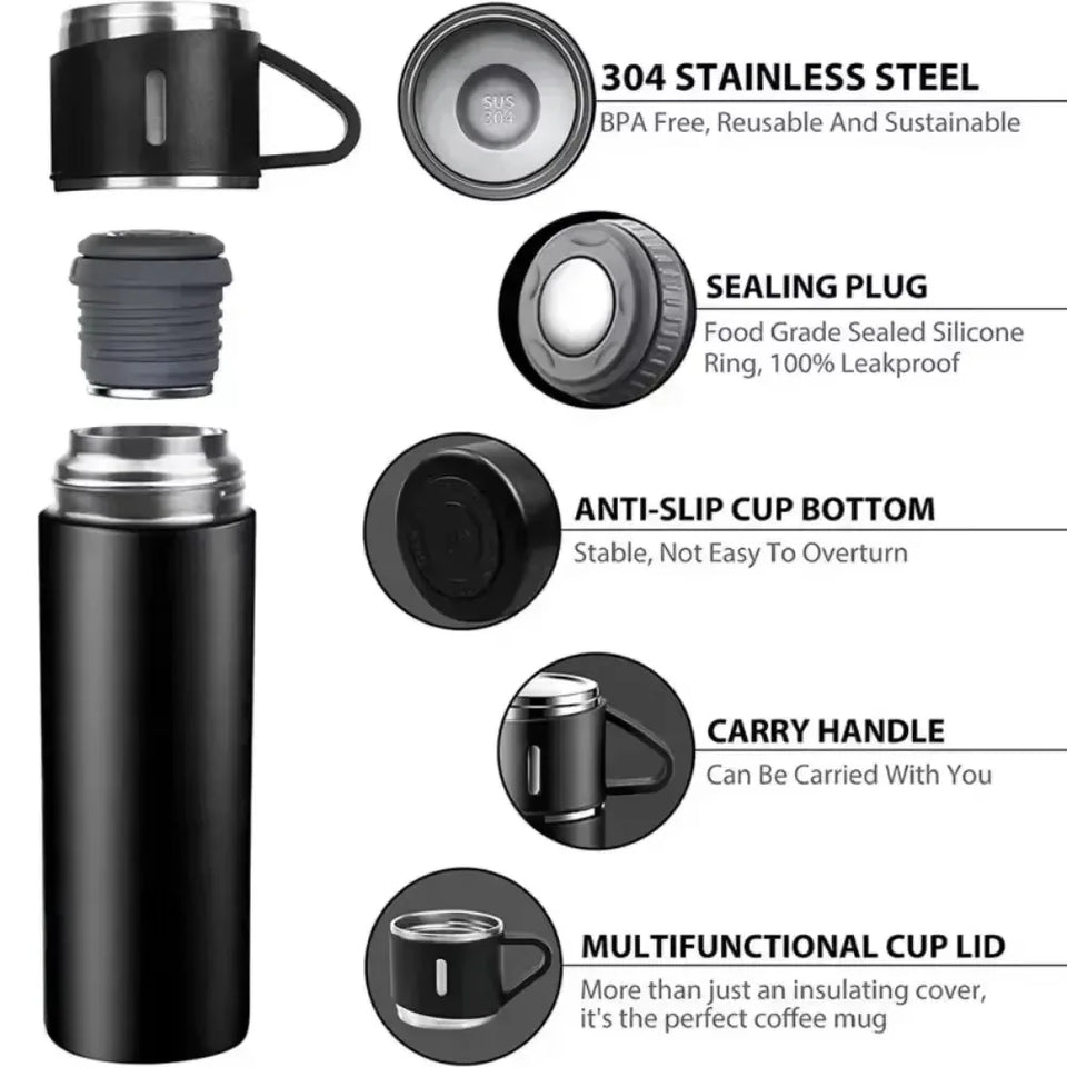 500ml 304 Stainless Steel Vacuum Insulated Water Bottle Portable Tea Coffee Bottle Office Gift Set Travel Leak Proof Thermal Mug