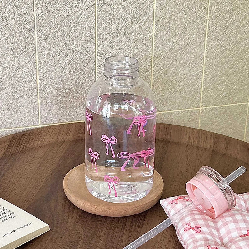 Kawaii Water Bottle Aesthetic Tumbler For Ice Coffee Juice Tea Cute Bowknot Plastic Cups With Straw Lid Portable Drinking Bottle