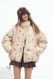 ELFSACK 2025 Winter New Arrivals Y2K Sweet Cute Solid Rose Bow Graphic Hoodless Half High Stand Collar Short Down Jacket For Wom