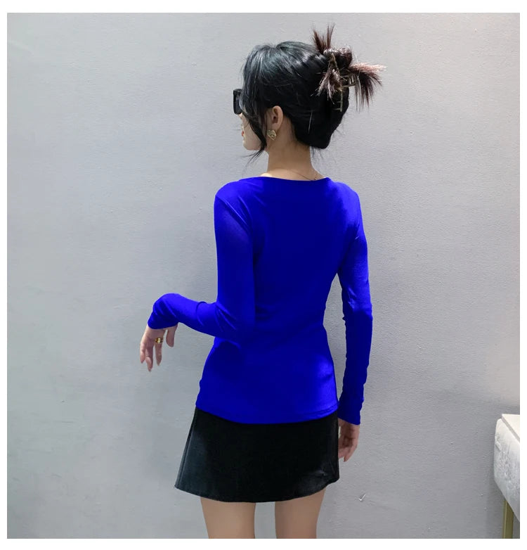 Autumn New Women Mesh Tops Fashion Hollow Out V-Neck Long-Sleeved T-Shirt Classic Shiny Diamonds Bottoming Shirt Elasticity Tees