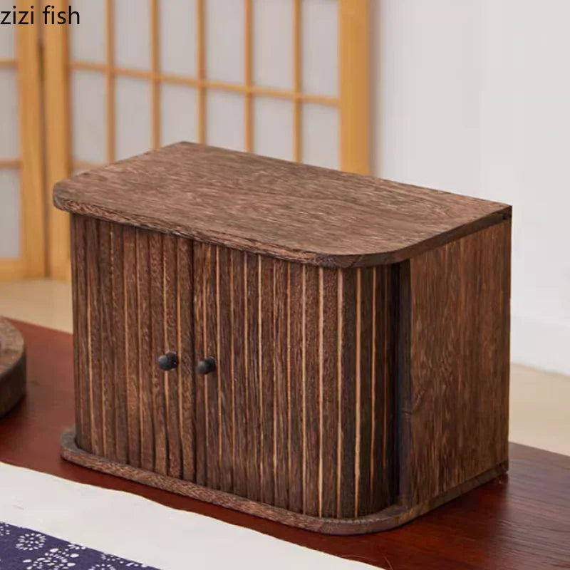 Solid Wood Storage Box Dustproof Display Rack Rolling Shutter Door Tea Cup Storage Rack Cabinet Organizer Desktop Shelf