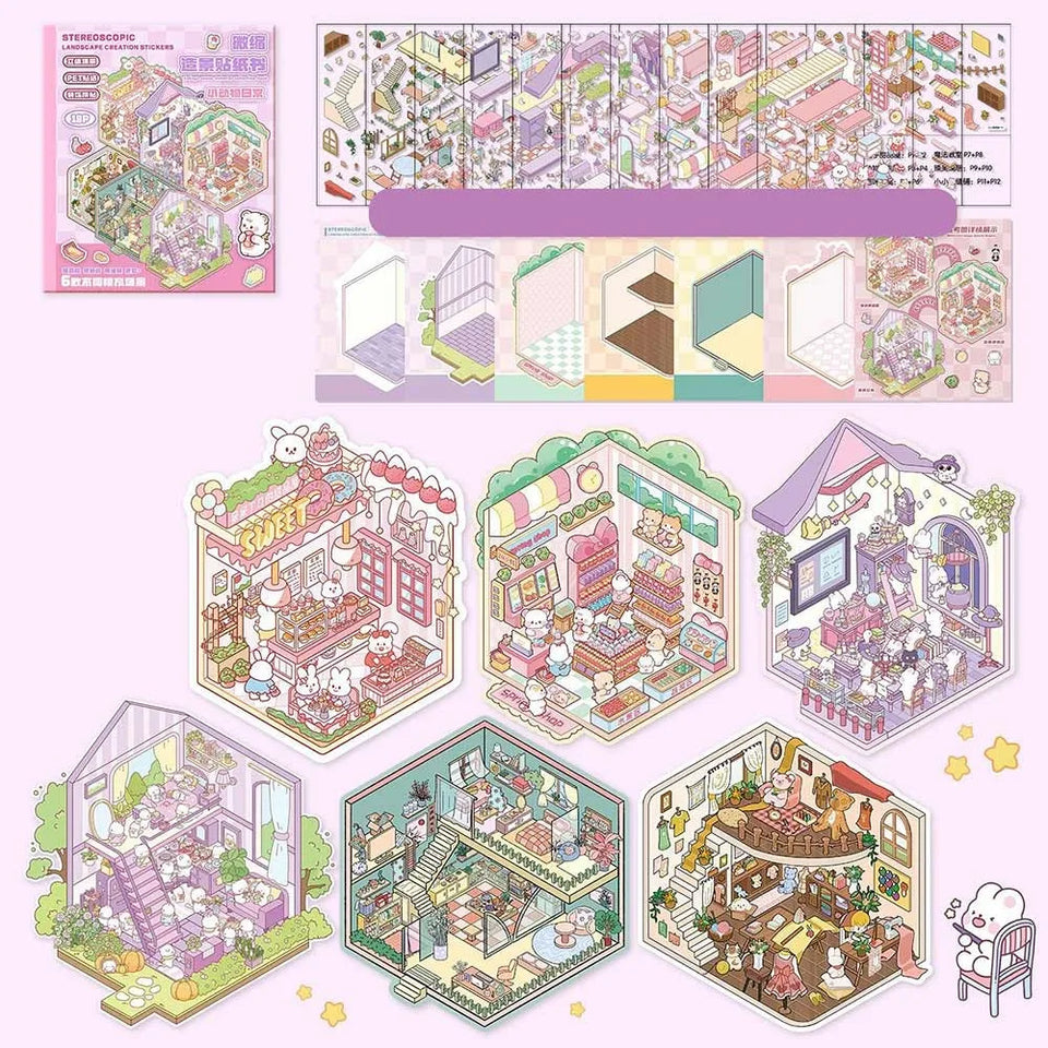Collection of Miniature Scenes 3D Stereoscopic Hut Miniature Scene Stickers Hand Tent Landscape Stickers Children's Puzzle Toys