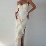 Fashion Patchwork Lace Bag Strap Tops Strapless Women's Beige White Dress Summer Elegant Sexy Nightclub Slit Low Breasts Dresses