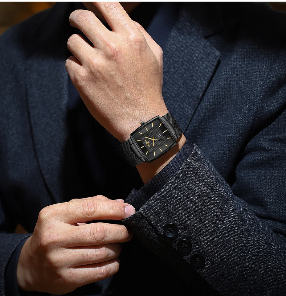 NIBOSI Mens Watches Top Brand Luxury Square Quartz Watch Men Slim Mesh Waterproof Sport Wristwatch Date Luminous Reloj Hombre