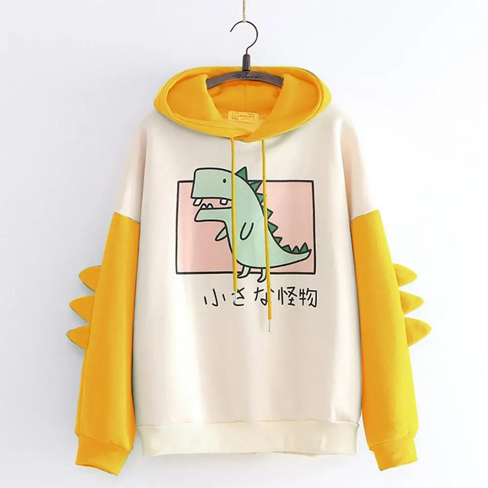 Winter Cute Dinosaur Cartoon Hoodie Women Fashion Sweatshirt Casual Print Long Sleeve Korean Style Splice Tops Kawaii Clothes