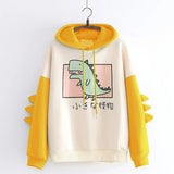 Winter Cute Dinosaur Cartoon Hoodie Women Fashion Sweatshirt Casual Print Long Sleeve Korean Style Splice Tops Kawaii Clothes
