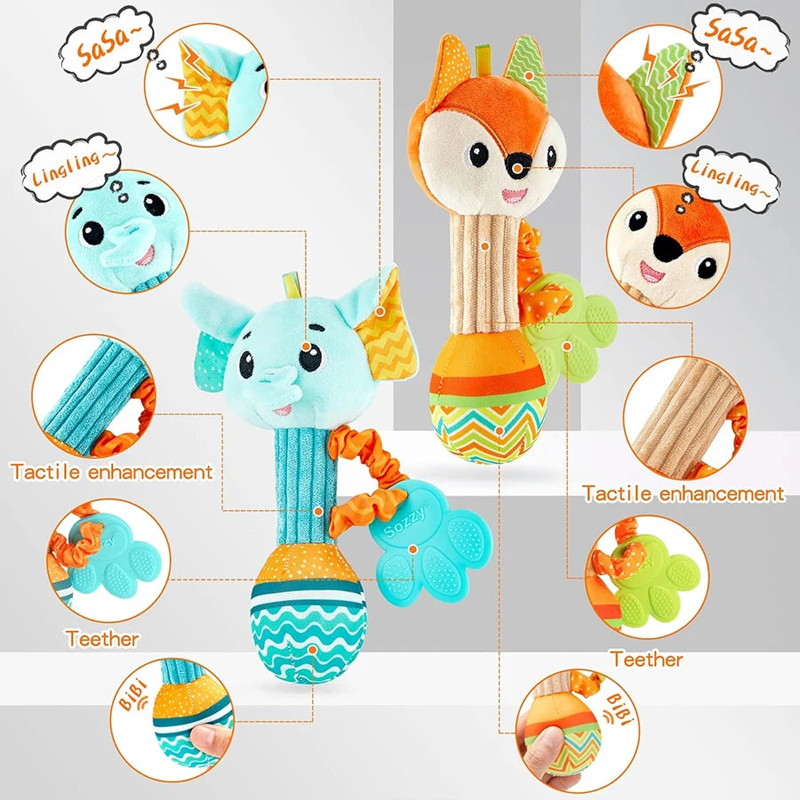 Baby Rattles 0-6 Month Baby Soft Rattles Shaker Hand Grab Sensory Shaker Teething Toys for Babies 6-12 Months Animal Plush Toys