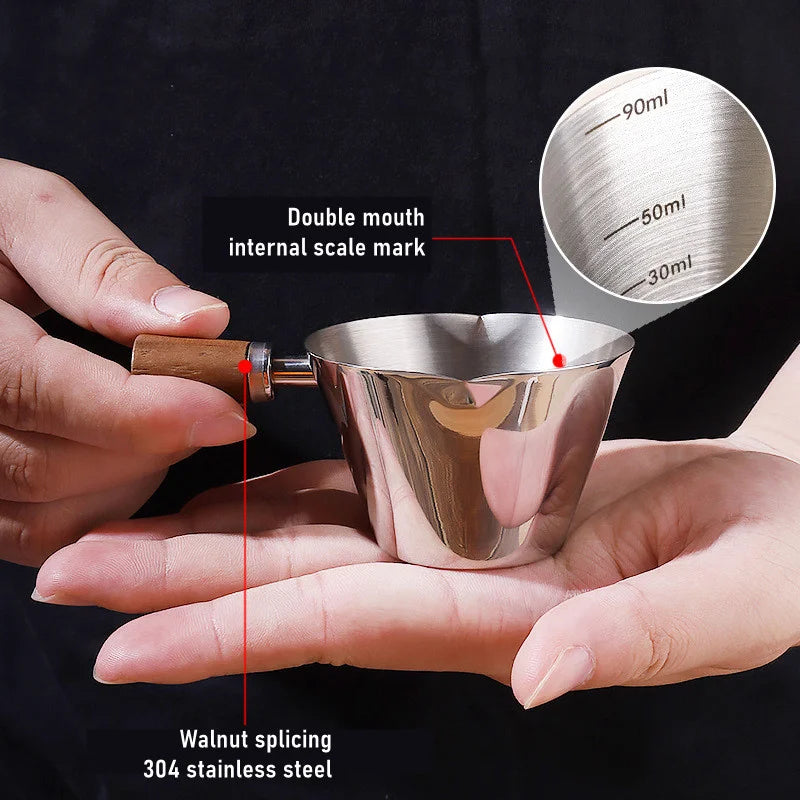 90ml 3oz Espresso Measuring Cup with Wood Handle Stainless Steel Coffee Shot Coffee Pouring Cup Kitchen Measuring Accessories