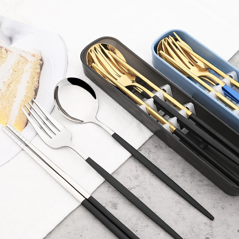 4pcs Stainless Steel Cutlery Set With Storage Box Black Gold Portable Cutlery Set For Home Kitchen Dining Household Tableware