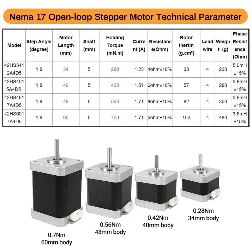 Nema17 Hybrid Open-loop Stepper Motor 2PH 34/40/48/60mm Length 4-Lead 0.28/0.42/0.56/7Nm for 3D Printer CNC Machine Tools Laser