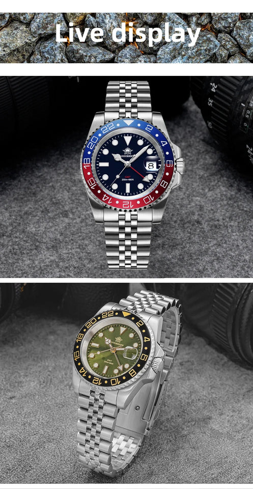 ADDIESDIVE Fashion GMT Watch for Men Super Luminous AD2050 Wristwatches Luxury Luminous 20Bar Diving Stainless Steel Man Watches