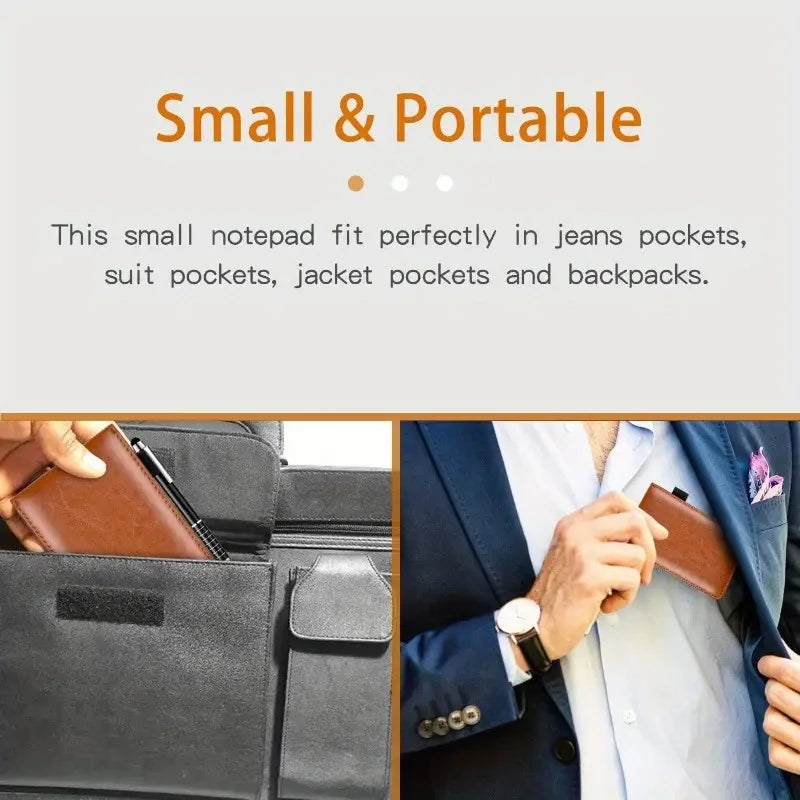 A7 Pocket Notebook with Pen - Portable Faux Cover, Replaceable Pages (Refillable), Compact Journal for Notes, Meetings, Travel
