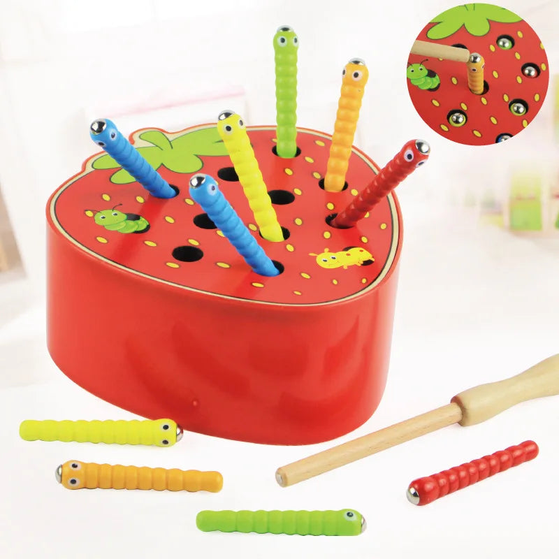 Kids Insect Catching Game Magnetic Fishing Toys Apple Strawberry Shaped Development Fine Motor Skill Toy Gift for Toddler