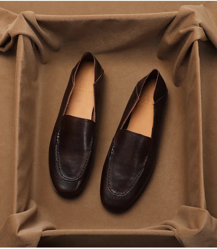 SHOEBOX Retro flat woman loafers new fashion style for spring and autumn 2025, shallow-mouth round-toe genuine leather shoes