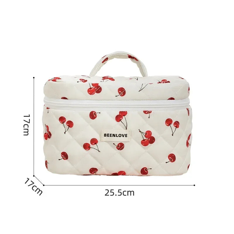 Storage Organizer Cherry Printing Makeup Bag Quilted Cosmetic Pouch Large Travel Cosmetic Bag Cute Cotton Makeup Pouch