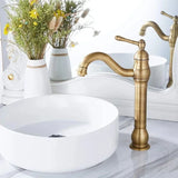 Antique Brass Basin Faucet Deck Mounted Single Handle Bathroom Accessories Crane Long Spout Lavatory Sink Hot Cold Mixer Tap