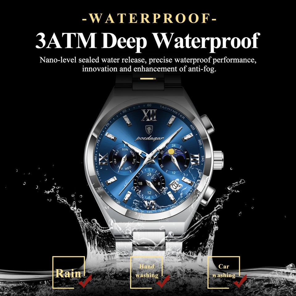 POEDAGAR Fashion Functional Man Wristwatch Luminous Week Date Business Watch For Men Stainless Steel Sports Men's Quartz Watches