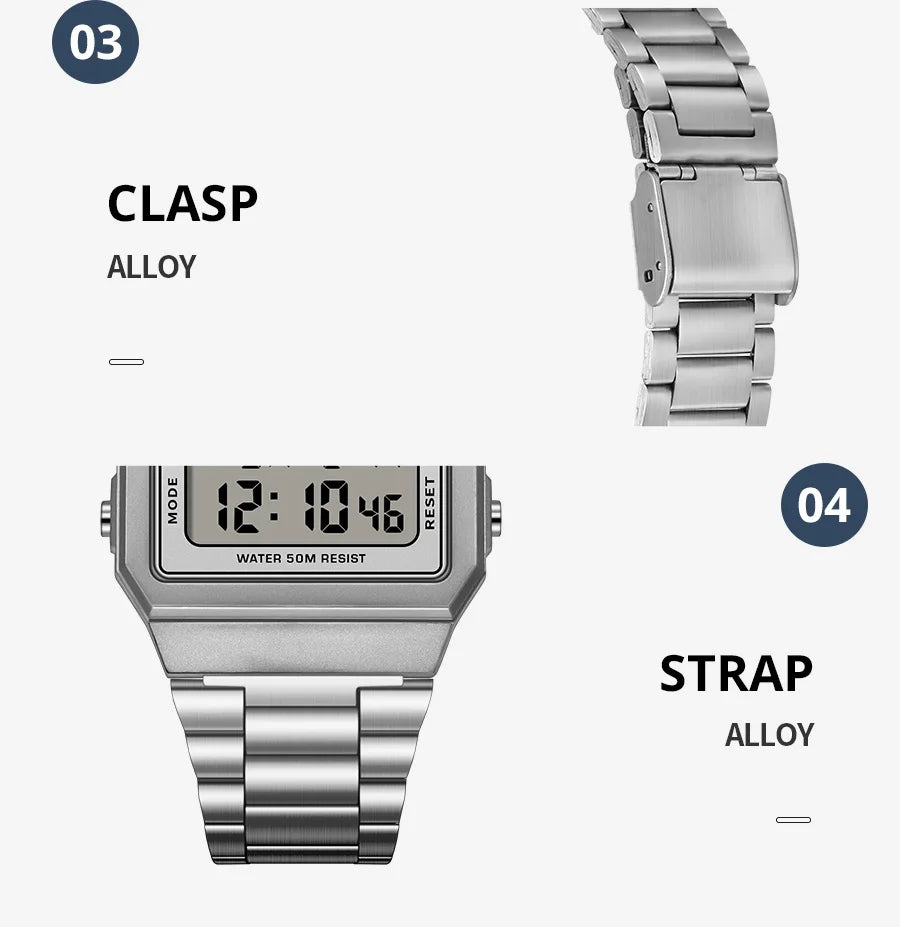 SYNOKE Stainless Steel watchband Chrono Sport Watches Men Back Light Display Digital Wristwatch Waterproof plastic watch case