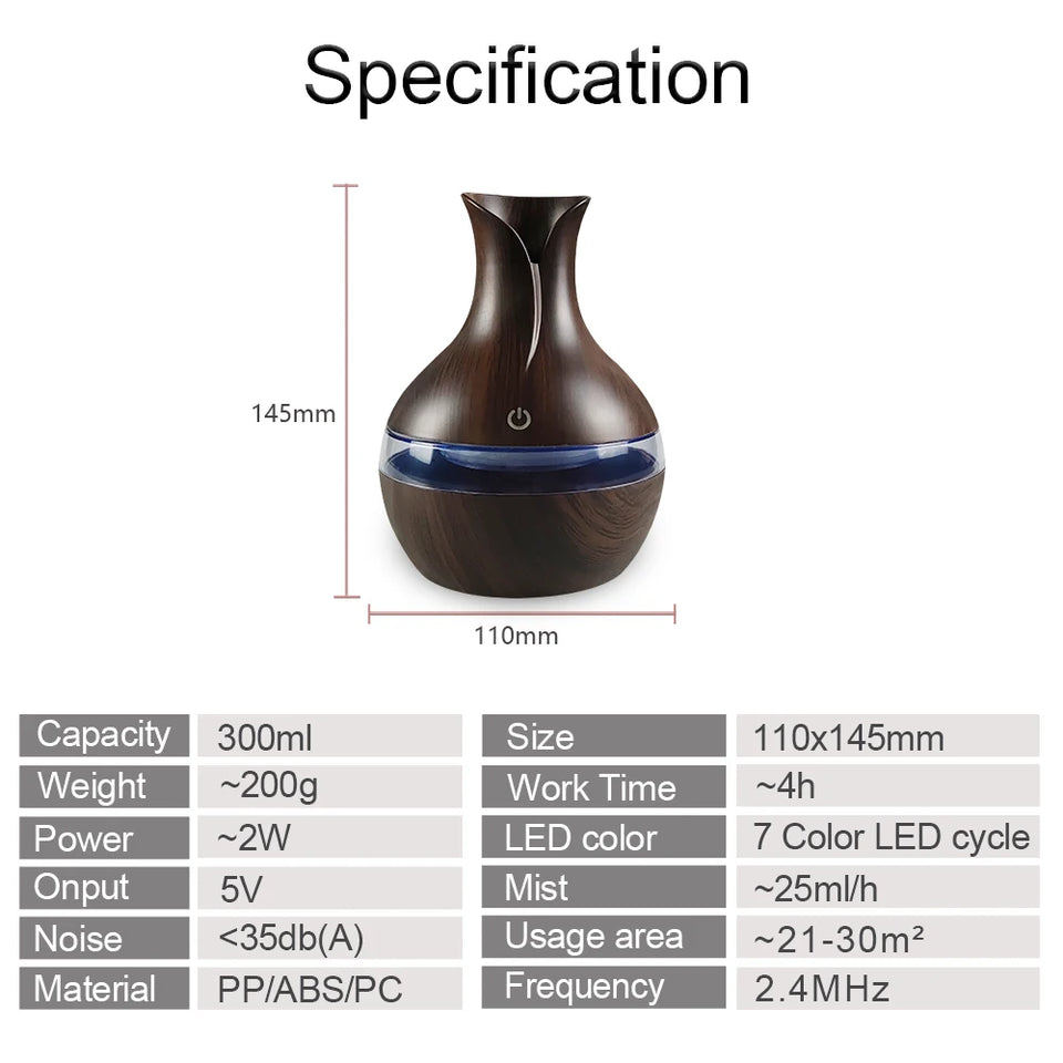 Mini USB Diffuser Air Humidifier with 7-Colors LED night light Aromatherapy Diffuser 300ml Cool Mist Maker for home bedroom
