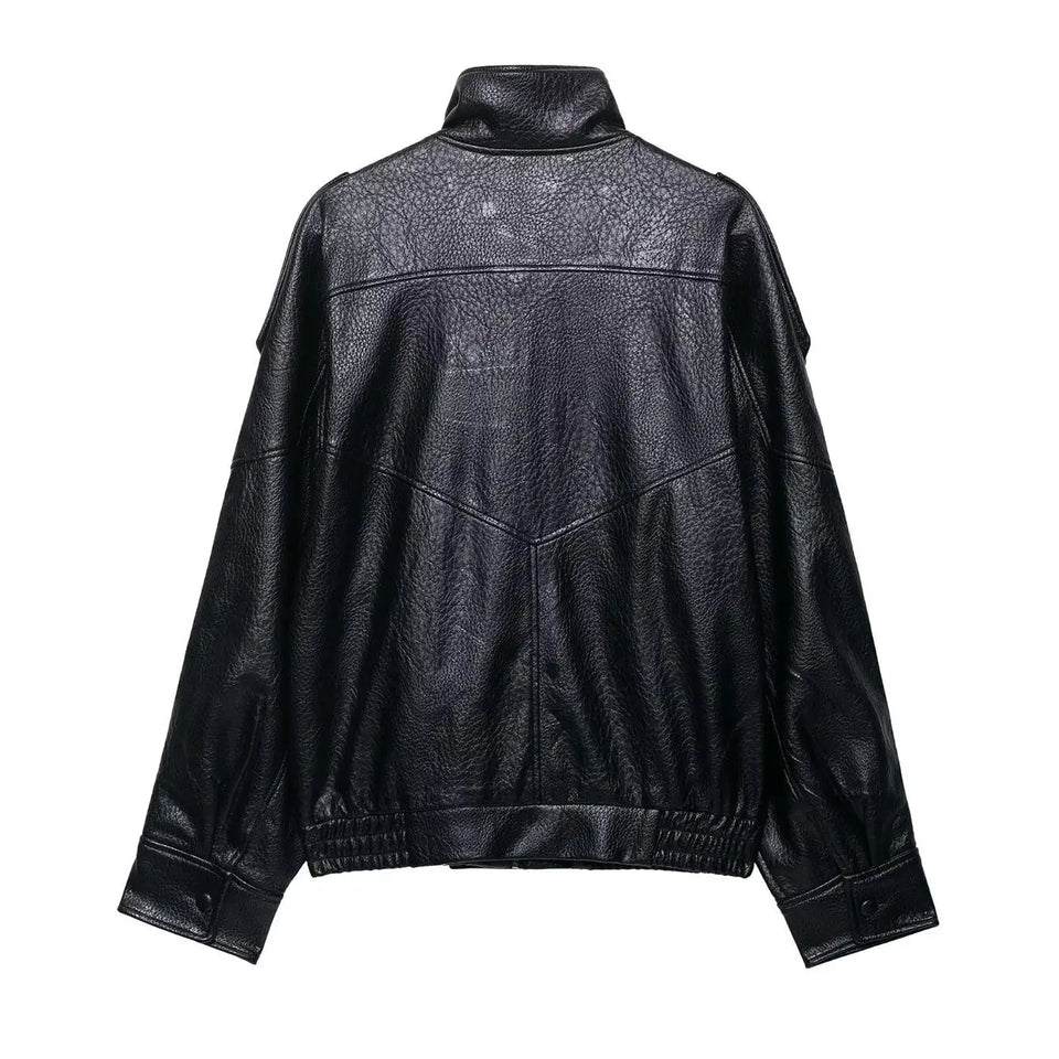 TFMLN 2025 Women Faux Leather Loose Jacket High Street Stand Collar Long Sleeve Coat Fashion Causal Zipper Outwear Autumn Winter