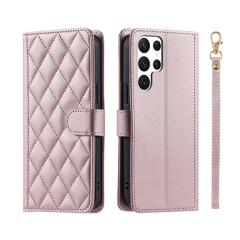 Crossbody Checkered Leather Wallet Case For Samsung Galaxy S24 Ultra S23 Plus S22 S21 FE A55 A25 A35 A15 Lanyard Flip Bag Cover