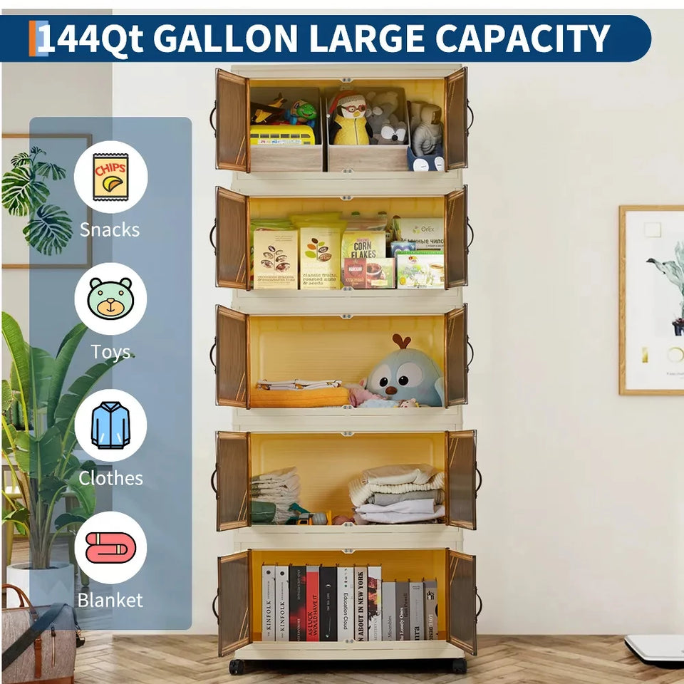 3/4/5-Tier Foldable Storage Cabinet with Lids & Wheels, Stackable Plastic Organizer for Closet, Bedroom, Office & Kitchen