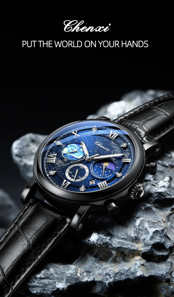CHENXI Watches Luxury Men Waterproof Star Luminous Watch For Man High Quality Quartz Chronograph Leather Wristwatches Clock Male