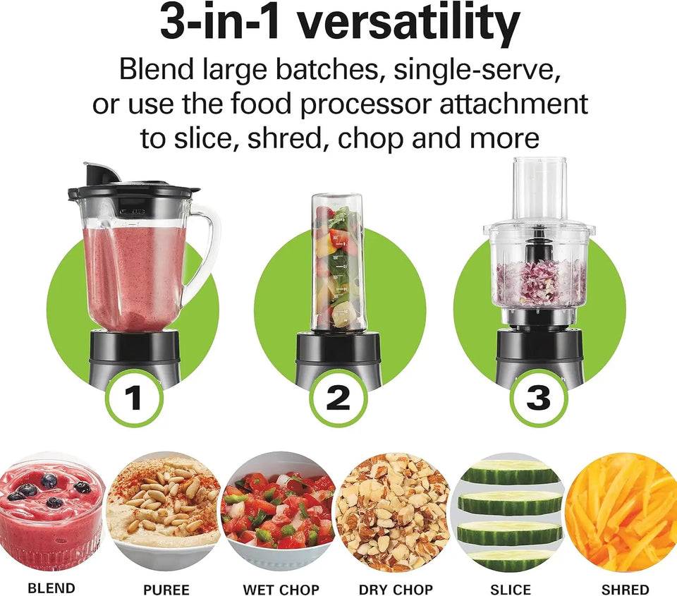 Blender and Food Processor Combo – 40oz Glass Jar, Portable Travel Cup, 3-Cup Electric Food Chopper, 700W – Gray/Black (58163)