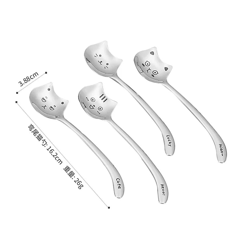 Funny Cat Spoons Cute Cartoon Meow Teaspoons for Coffee Dessert Cake Long Tail Spoon Birthday Gift Kitchen Tableware Accessories