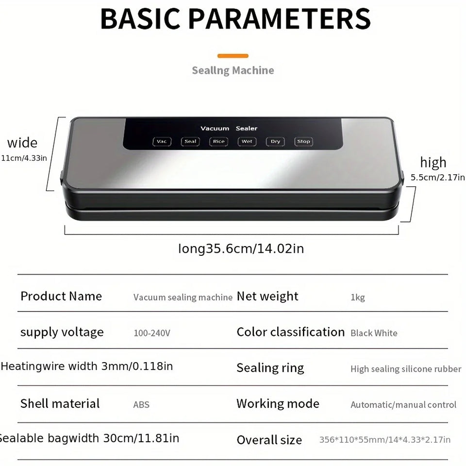 65Kpa Food Vacuum Sealer Machine with 20 Free Bags, Stainless Steel 6-in-1 Sealing, Dry/Wet Mode for Food Storage, Grey
