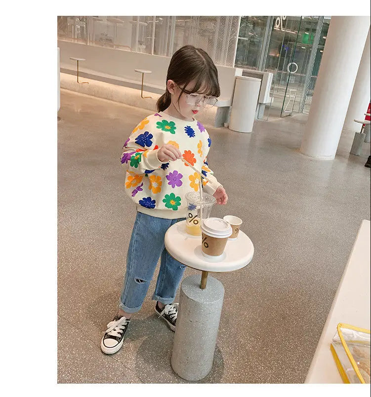 Spring Autumn Baby and Girls Sweet All-Over Flowers Sweatshirt School Kids Outfit Pullover Tops Child Workout Jumper 1-12 Years