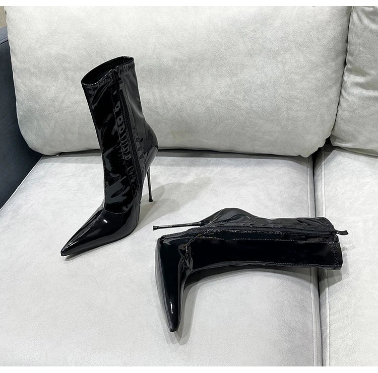 Knee-High Modern Boots Pointy Toe Women Shoes 13cm Ultra Thin Steel High Heels Metal Heel Calf Boots for Women Fun Shoes Size 46