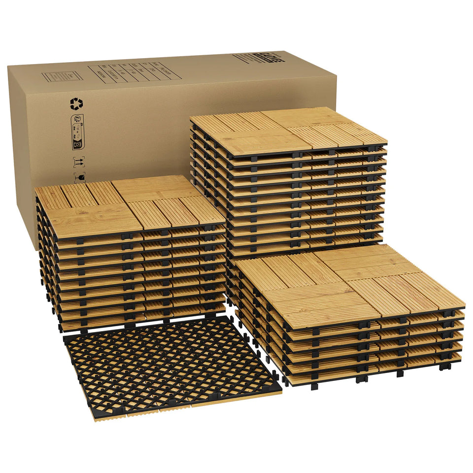 Acacia Wood Connected Deck Tiles for Patio & Outdoor Decor, 12"x12" Firm Weatherproof Non-Slip Wooden Flooring, 22/33 Panels