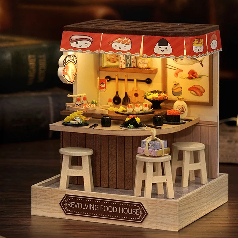 Coffee Shop Wooden Mini Doll House DIY Small House Kit  3D Puzzle Assembly Toy Miniature Dollhouse With Furniture Lighting Gifts