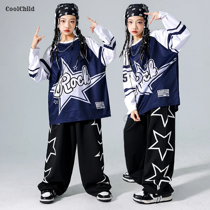 Girls Hip Hop Star Sweatshirt Vest Joggers Pants Boys Cool Streetwear Clothes Set Kids Children Jazz Street Dance K-pop Costumes