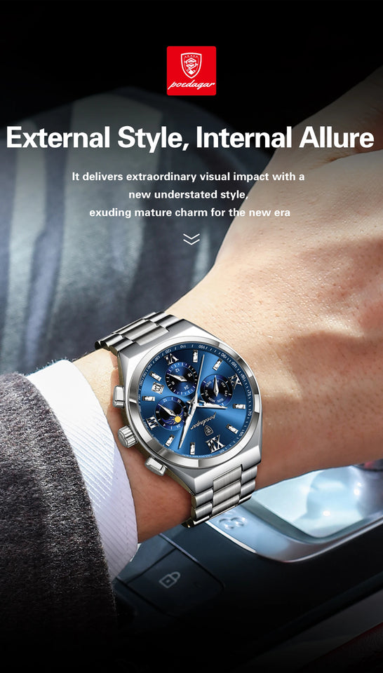 POEDAGAR Fashion Functional Man Wristwatch Luminous Week Date Business Watch For Men Stainless Steel Sports Men's Quartz Watches