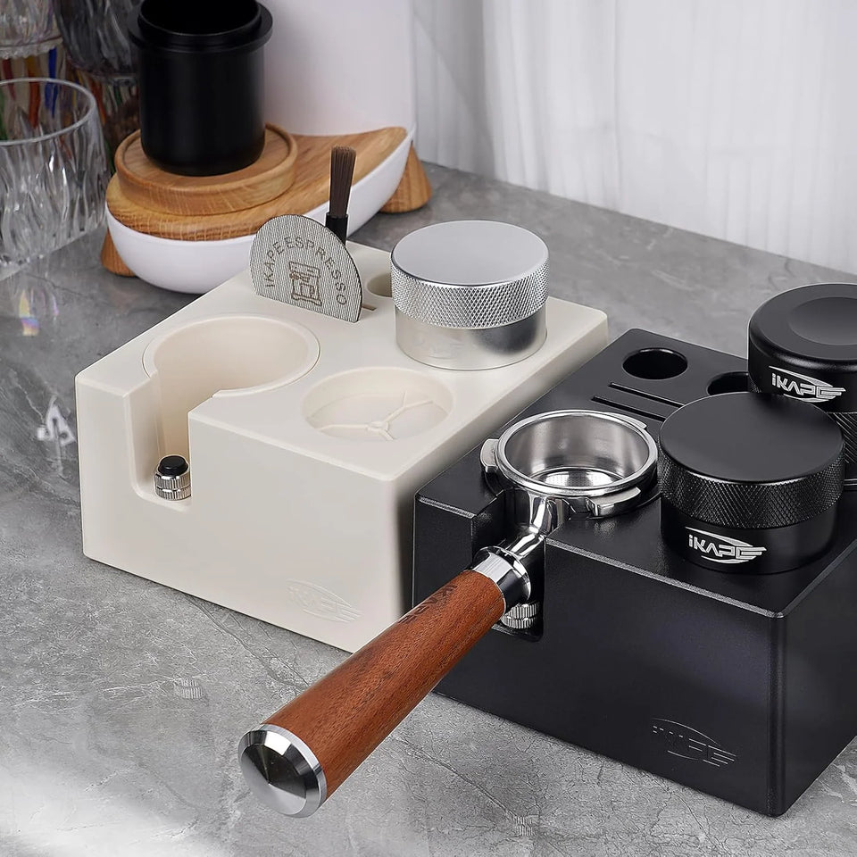 IKAPE 7 in 1 Espresso Knock Box 51/54/58MM Coffee Accessories Storage Organizer Universal Fit Espresso Bar Tools Box Black/White