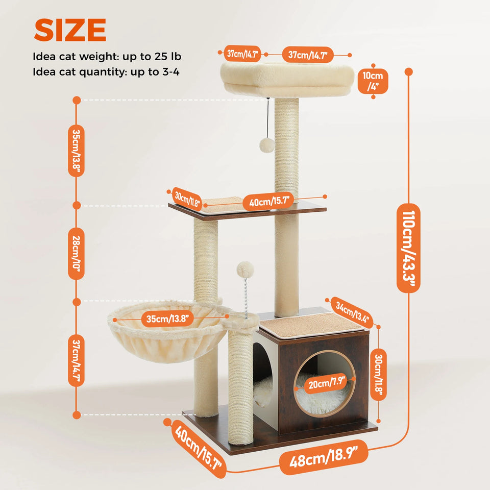 Modern Cat Tree for Indoor Cats Multi-Level Wood Cat Tower with Cozy Condo Hammock Sisal Scratching Posts Kitten House Cat Toys